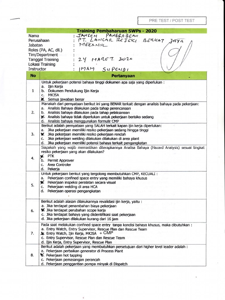 Pre & Post Test SWP PHKT | PDF