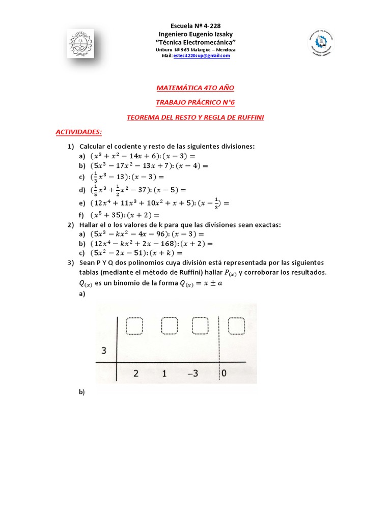Trabajo pr ctico n 6 ruffini y teorema del resto pdf