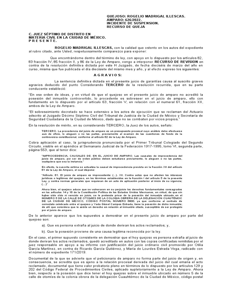 Recurso de Queja en Amparo 626/2022 | PDF | Posesión (Ley) | Caso de ley