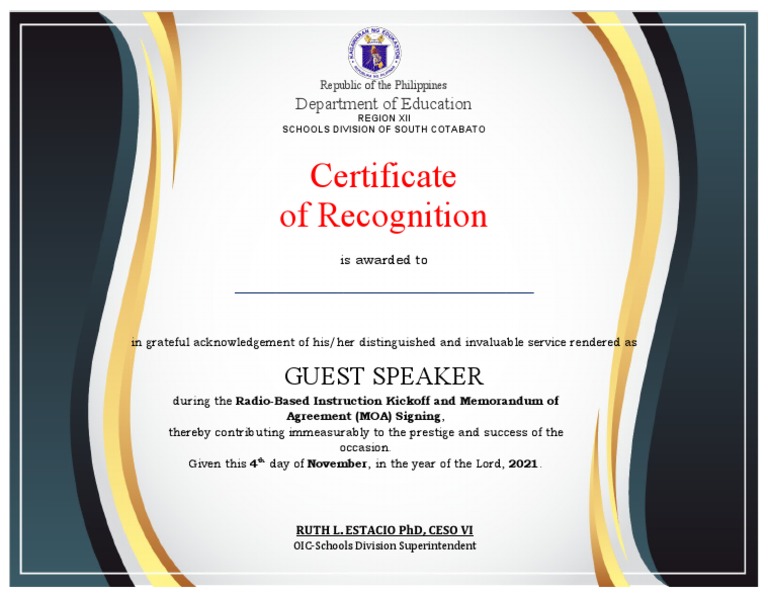 Certificate of Recognition for Guest Speaker | PDF