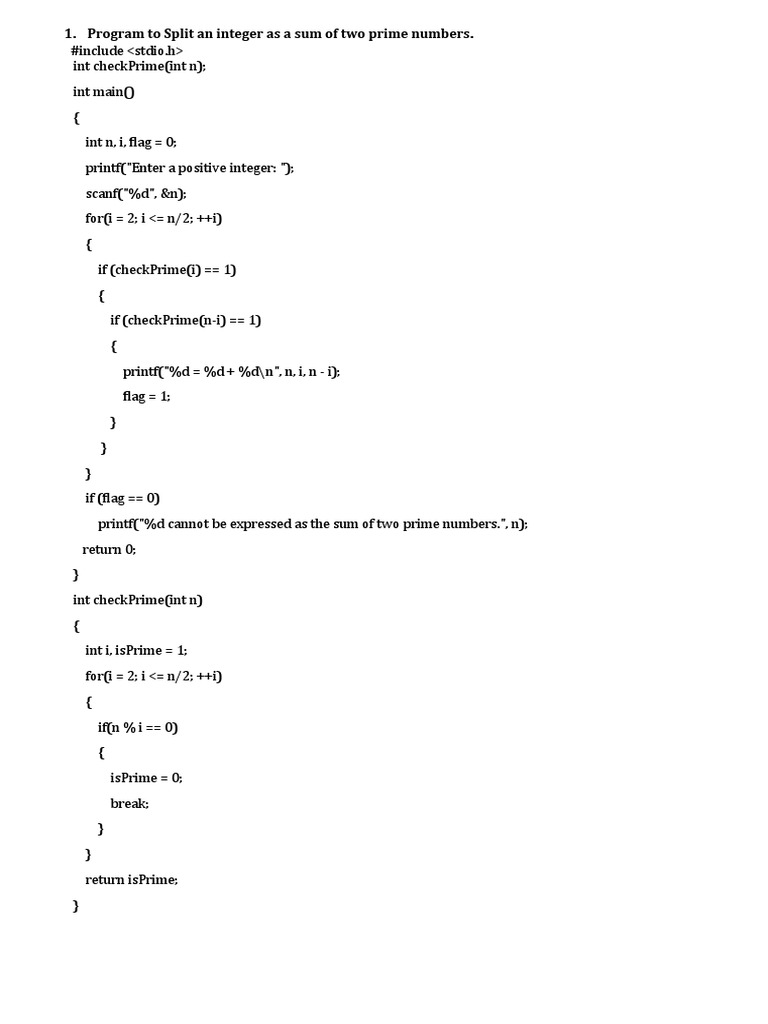 Program To Split An Integer As A Sum of Two Prime Numbers | PDF ...