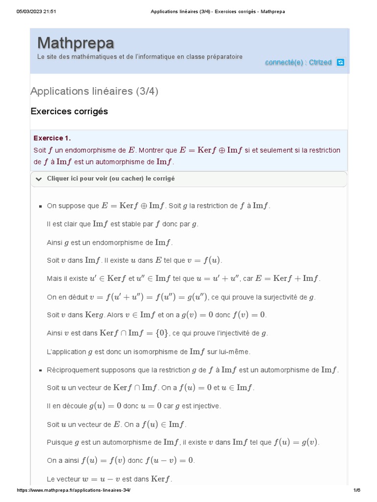 Exercices Corrigés sur Applications Linéaires | PDF | Géométrie ...