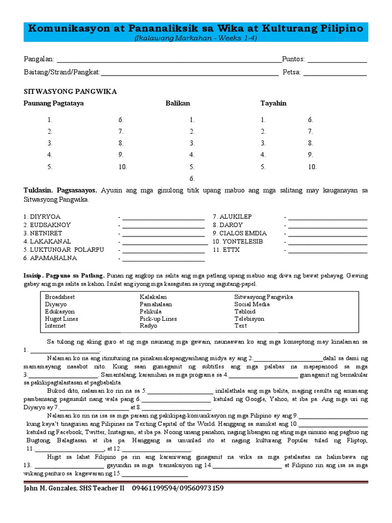 Answer Sheet Weeks 1 4 2nd Quarter Pdf