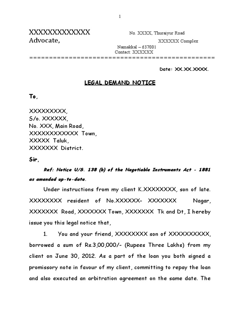 LEGAL DEMAND NOTICE format PDF Cheque Banks