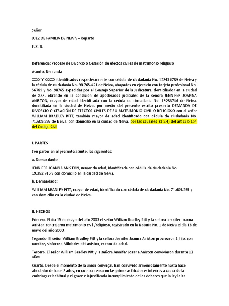 Demanda de Divorcio Colombia | PDF | Divorcio | Esposa