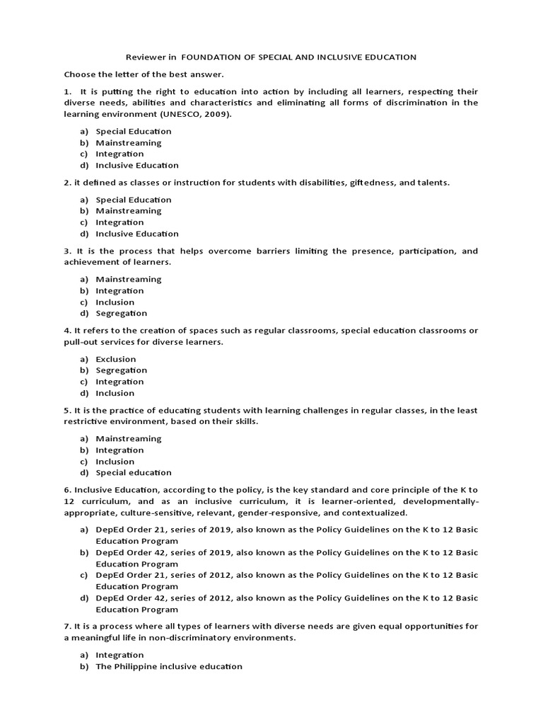 Special and Inclusive Education Reviewer | PDF | Self-Improvement