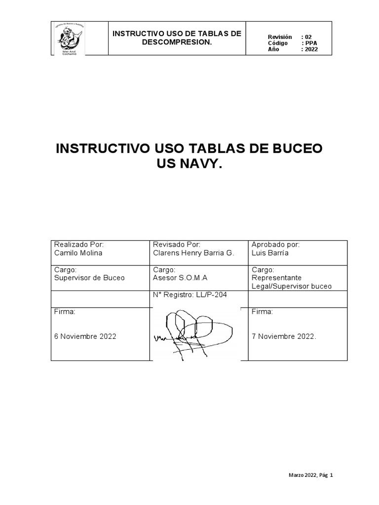 Procedimiento Tablas de de Buceo 2023 | PDF | Buceo bajo el agua | Nadando
