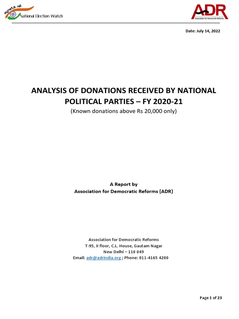 Analysis of Donations Received by National Political Parties FY 2020-21