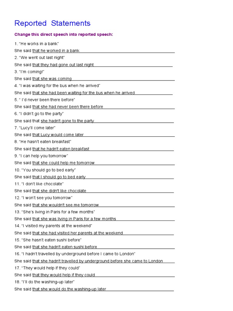 Reported Speech Worksheet PDF