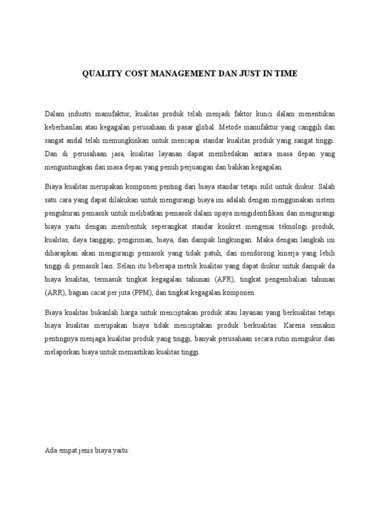 Resume Bab Vi Quality Cost Management Dan Just in Time (Jit) PDF
