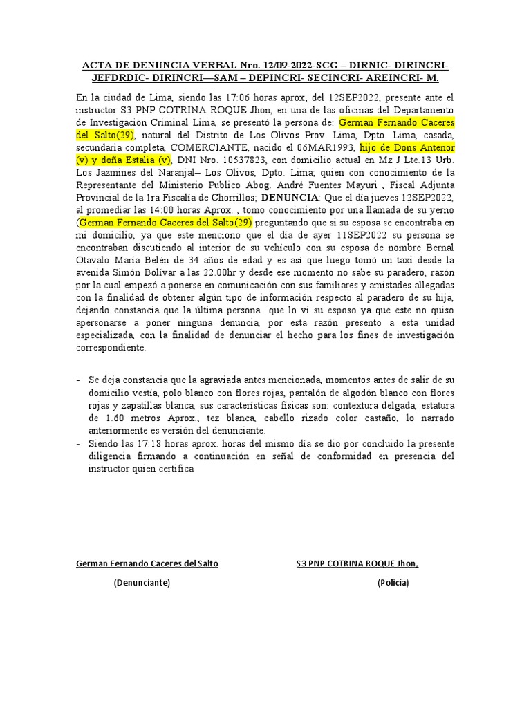 Acta de denuncia verbal policial pdf justicia crimen y violencia