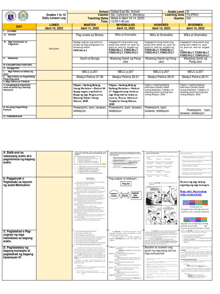 DLL Filipino q3 Week 9 | PDF