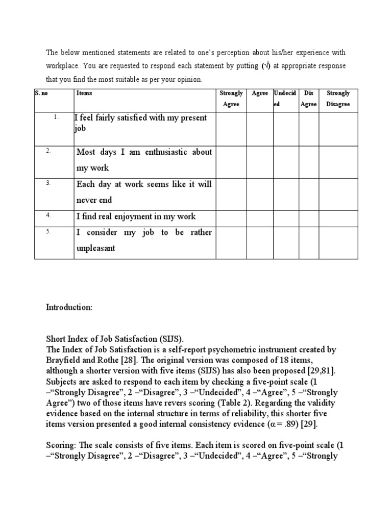 Short Index of Job Satisfaction (SIJS) | PDF | Teachers | Classroom