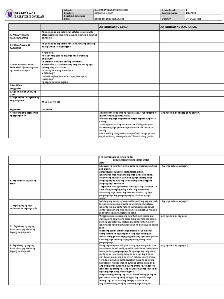 Parts Of Lesson Plan Filipino