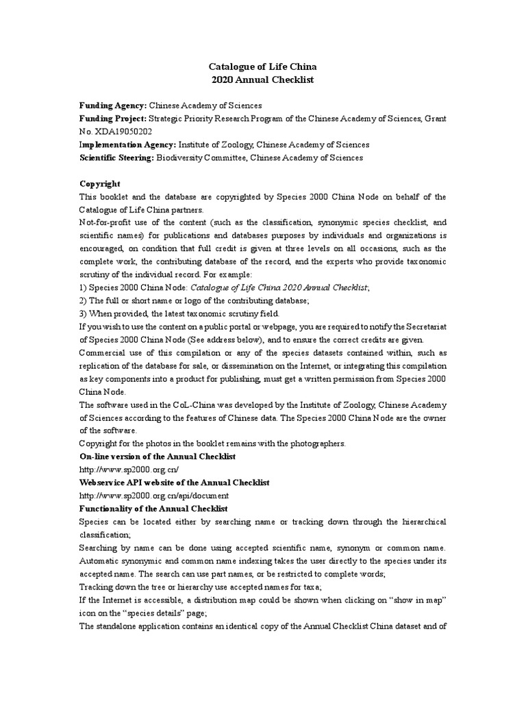 Catalogue Of Life China 2020 Annual Checklist PDF Microsoft Windows 