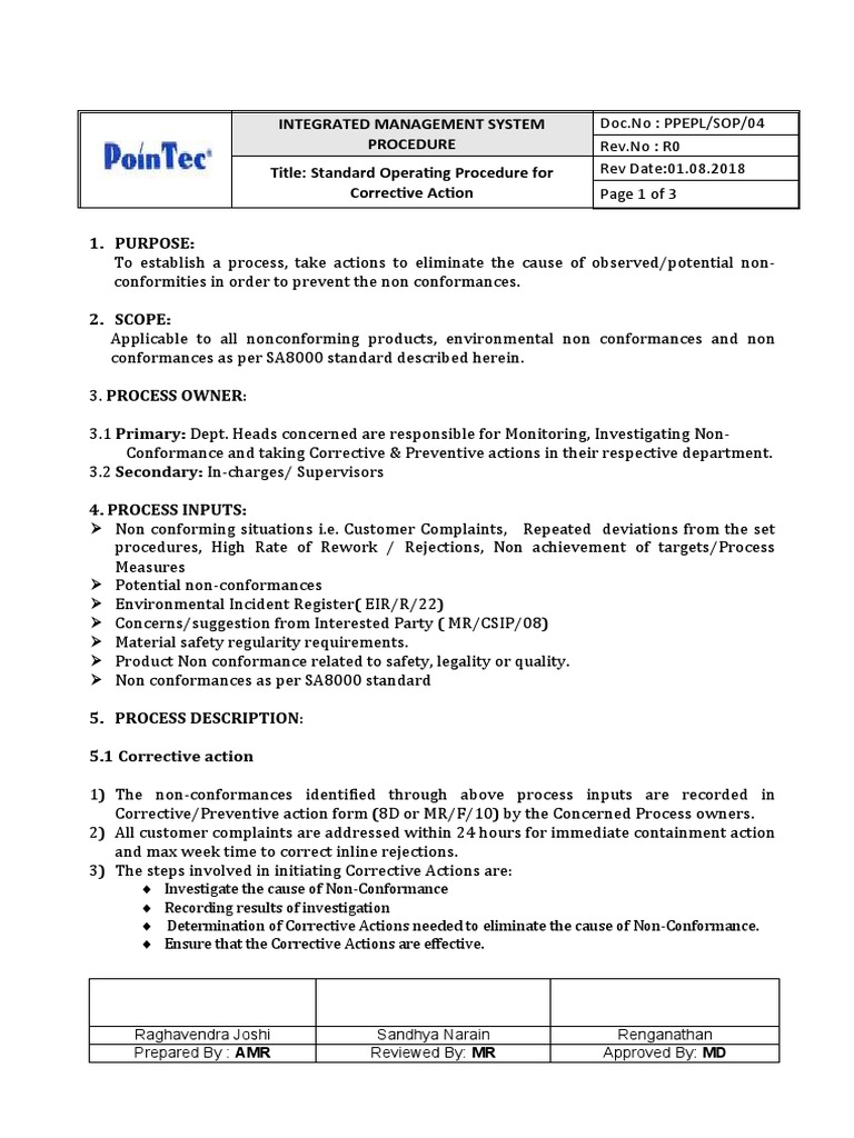 Corrective Action SOP for Non-Conformities | PDF