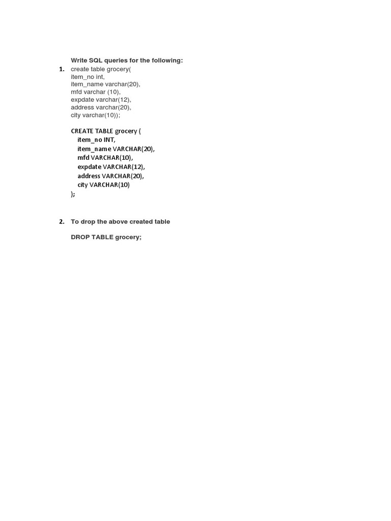 CREATE TABLE Grocery (Item No INT, Item Name VARCHAR (20), MFD