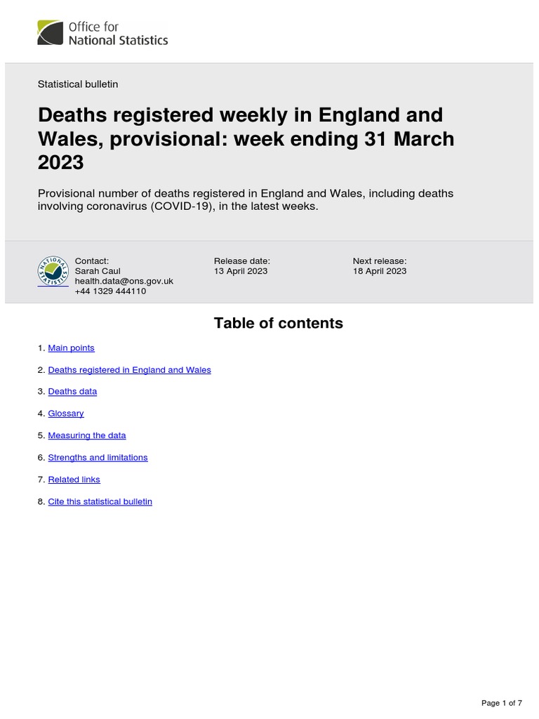 Deaths Registered Weekly in England and Wales, Provisional Week Ending