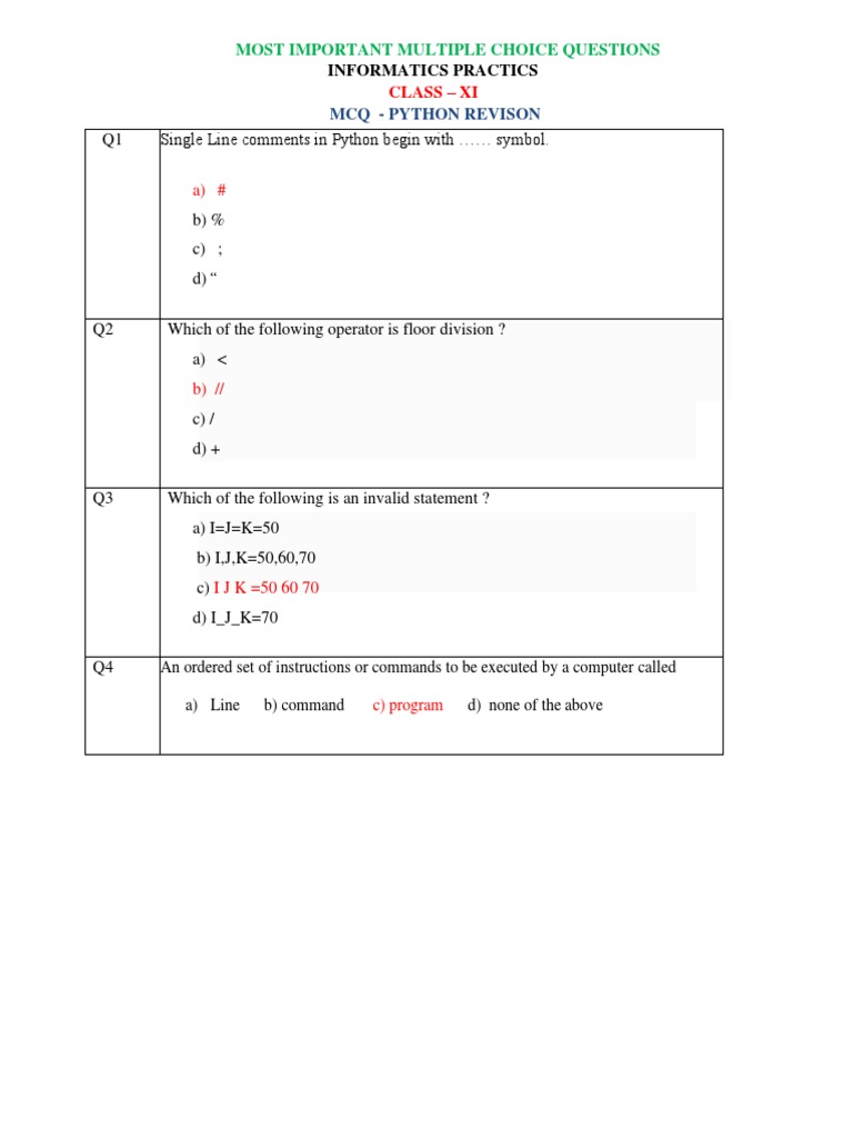 Q1 Single Line Comments in Python Begin With Symbol.: Most Important ...