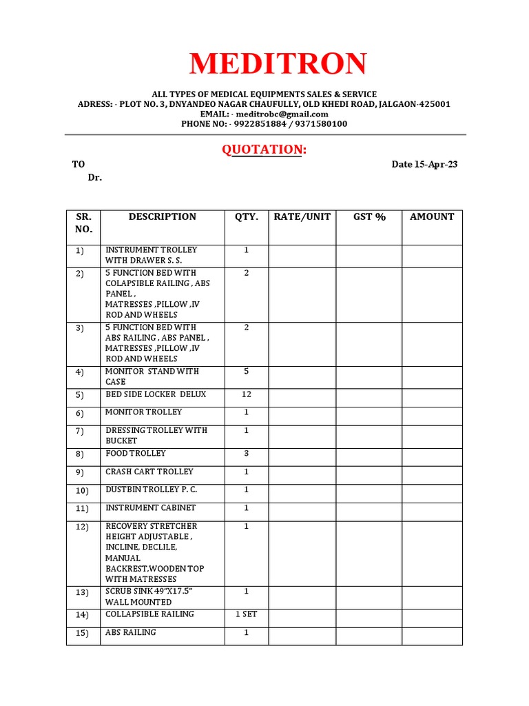Providing Medical Equipment Quotation with Descriptions and Pricing PDF