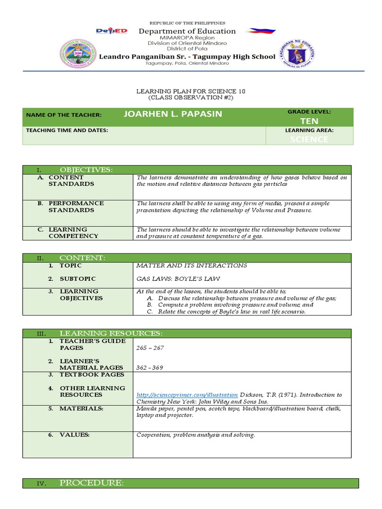 Science 10 Learning Plan: Gas Laws | PDF | Gases | Learning