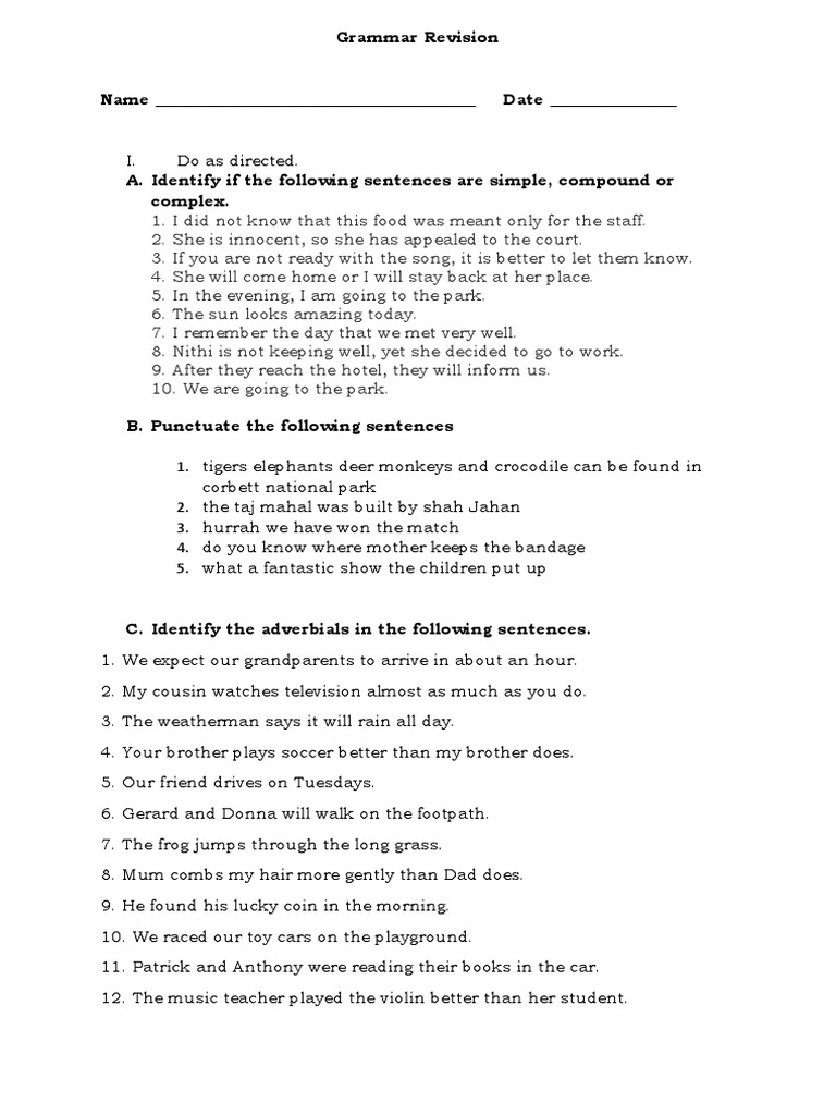 Grammar Revision Worksheet for Students | PDF | Travel | Language Arts ...