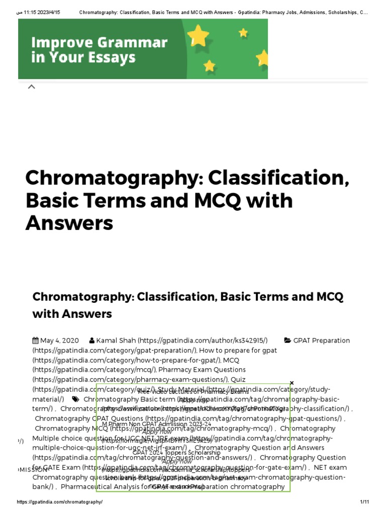 Chromatography Classification, Basic Terms and MCQ With Answers PDF Elution Chromatography