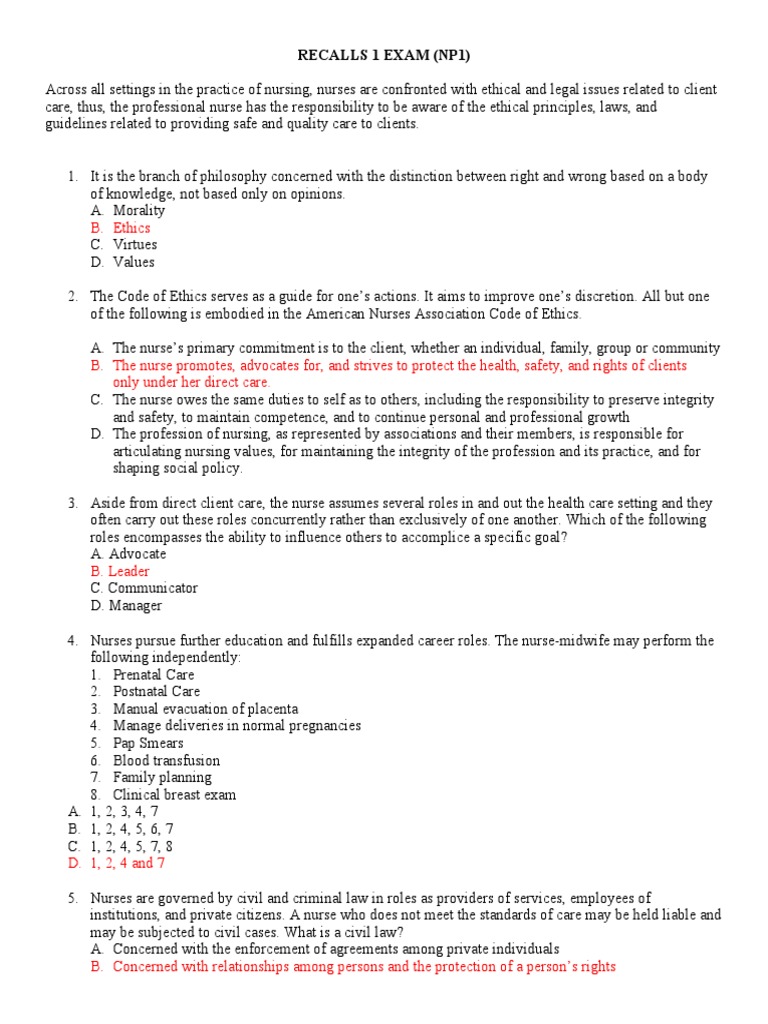 NP1 Recall Exam: Ethical Nursing Practices | PDF | Leadership ...