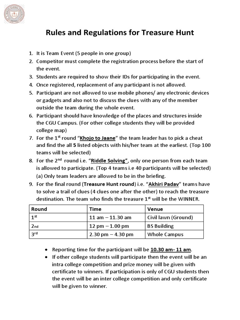 Rules and Regulations For Treasure Hunt Round Time Venue PDF