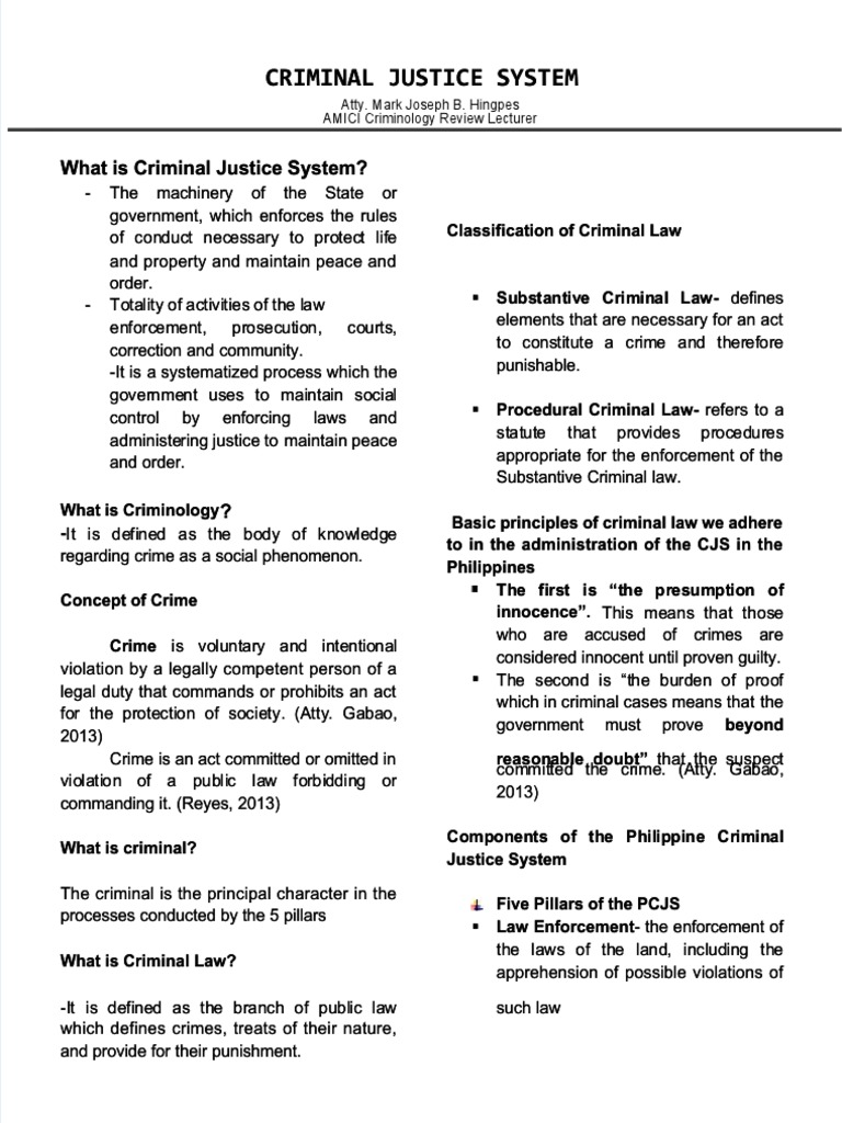 AMCI LECTURE - INTRO TO CRIMINAL JUSTICE SYSTEM - Atty. Hingpes | PDF