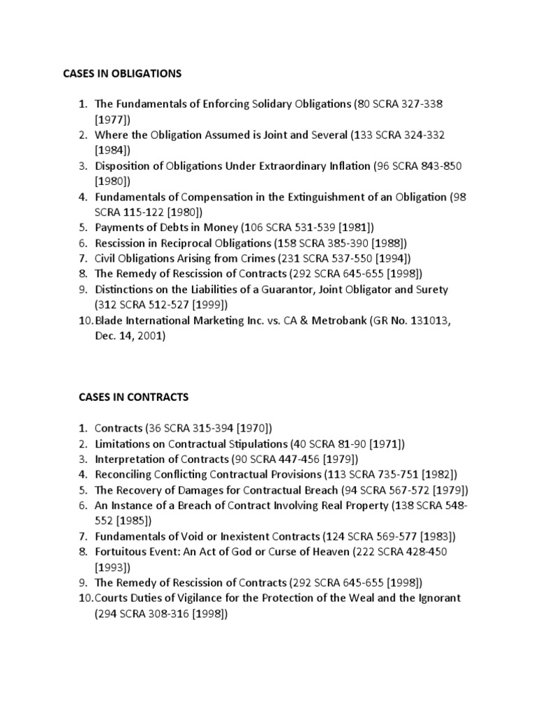 Key Cases In Obligations And Contracts Pdf