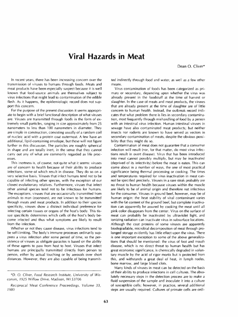 Viral Hazards in Meat PDF Virus Infection