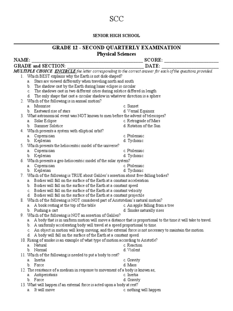 Grade 12 Physical Science Exam Q2 | PDF | Reflection (Physics) | Force