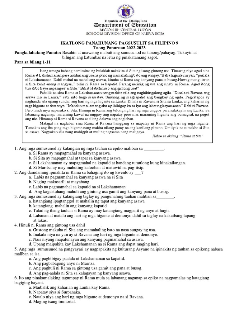 Filipino 9 3rd PT Test Answer Key | PDF