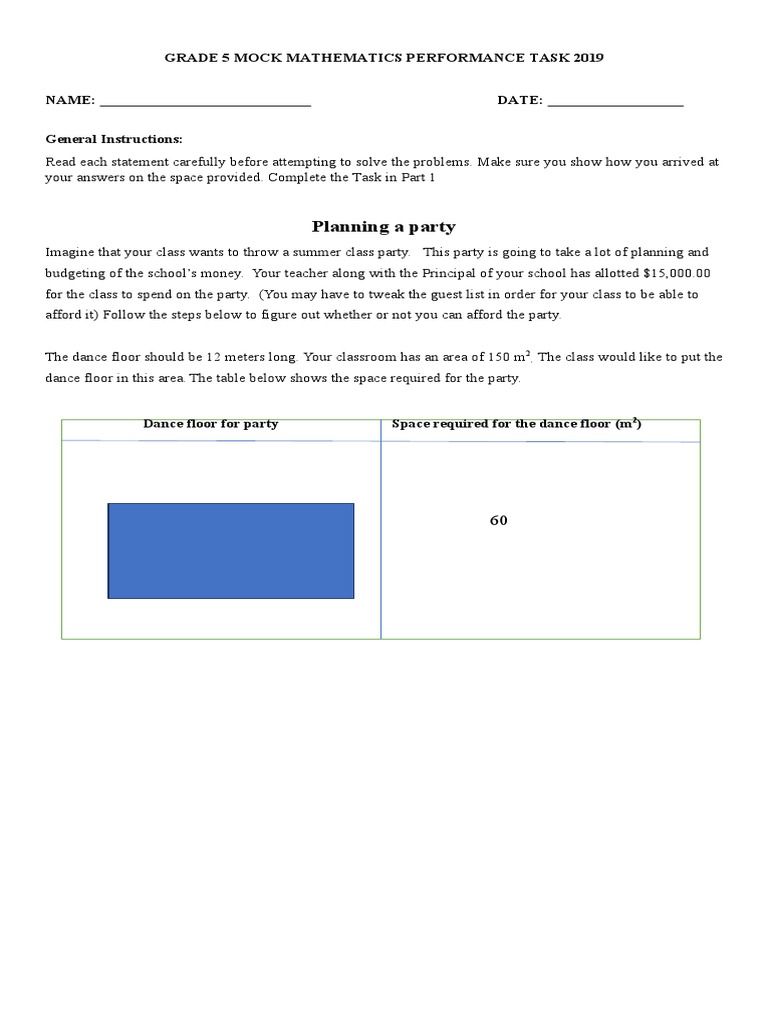 Grade 5 Mock Party Planning Task | PDF
