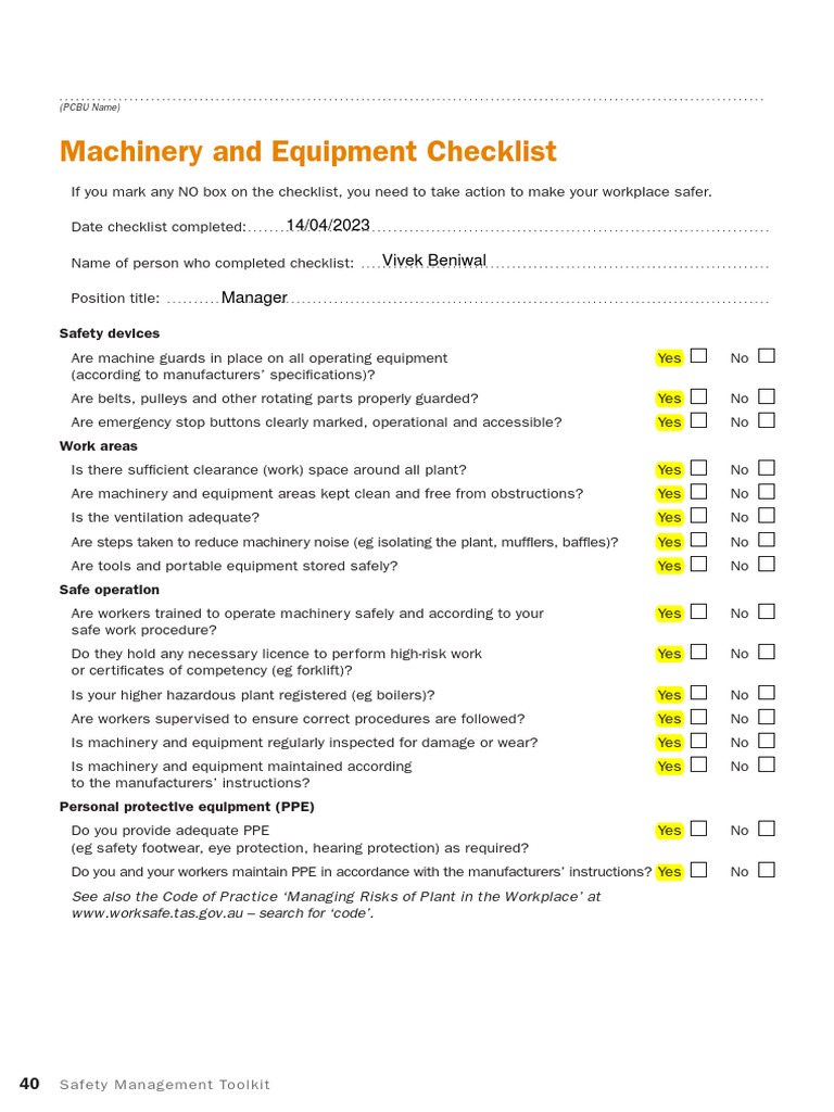 Machinery Safety Checklist Toolkit | PDF | Personal Protective ...
