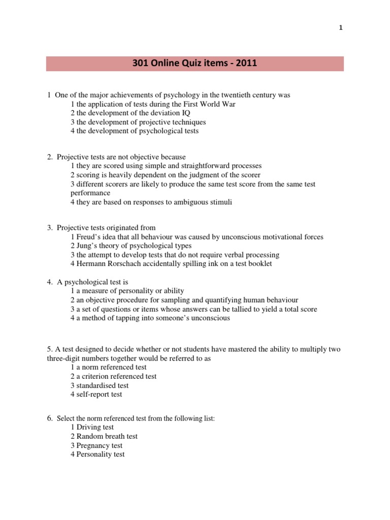 Psychological Testing Quiz Psychological Testing Variance Free 30