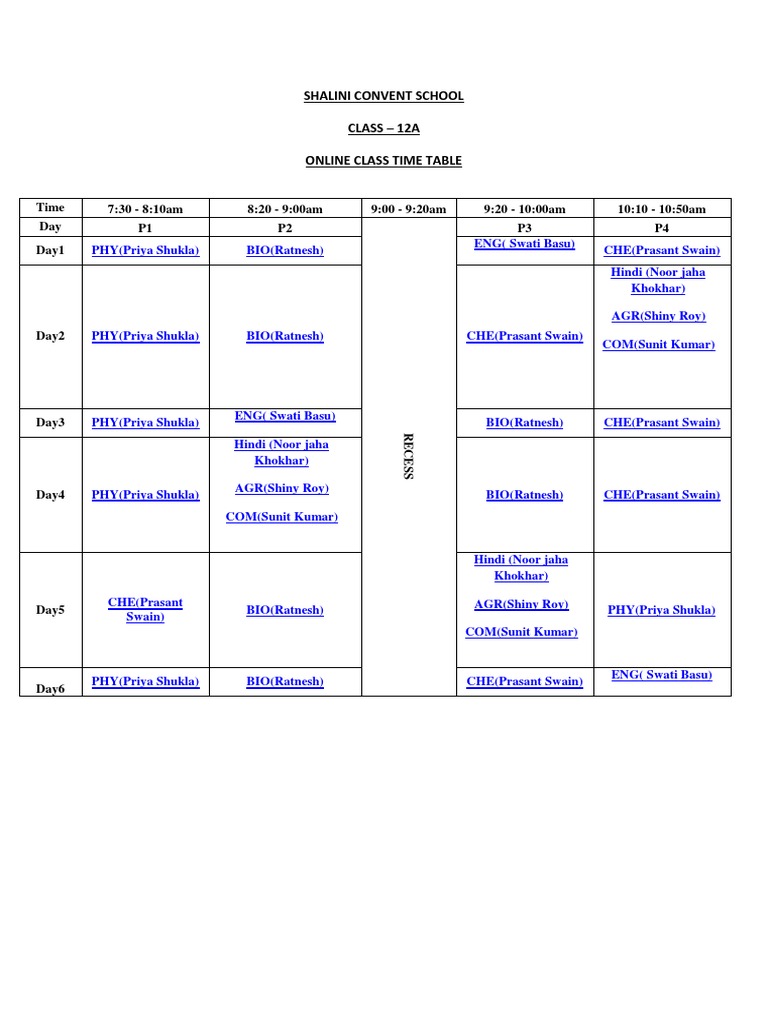 Time TableClass 12 A PDF