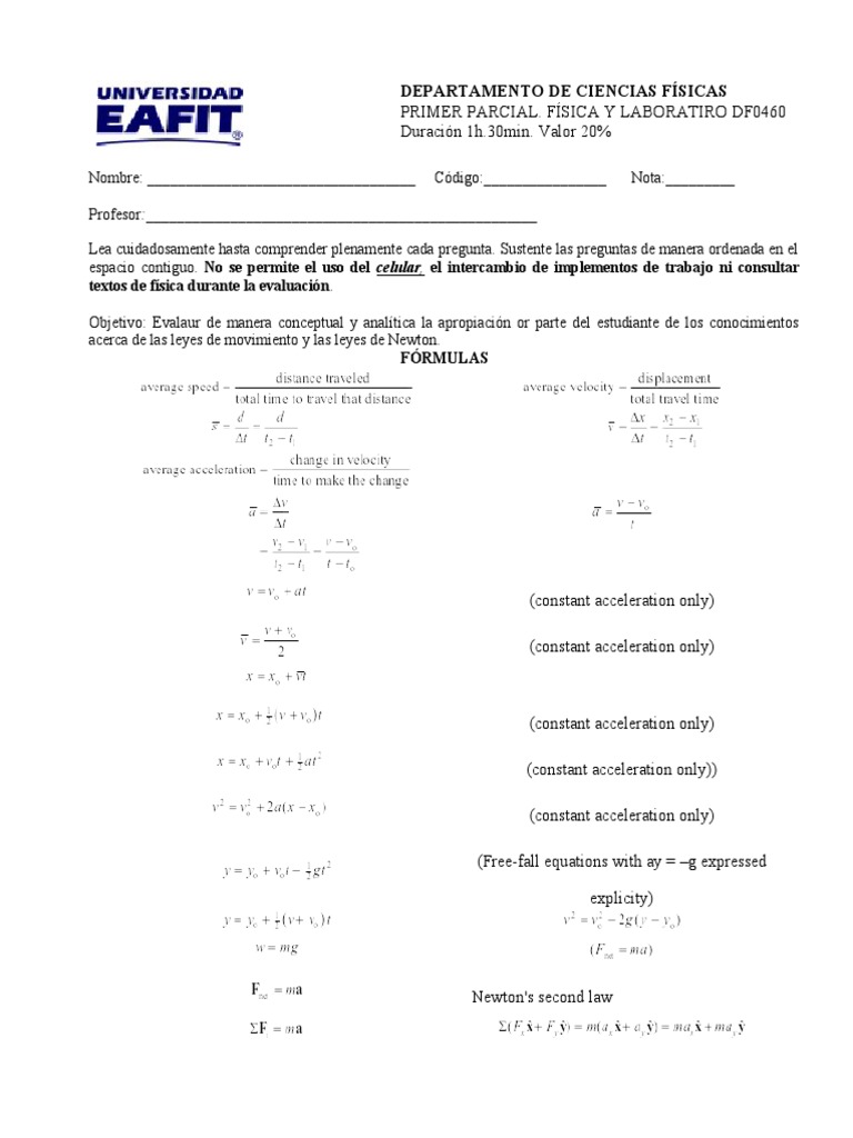 Primer Parcial de Física y Laboratorio - 2020-1 | PDF | Fuerza | Velocidad