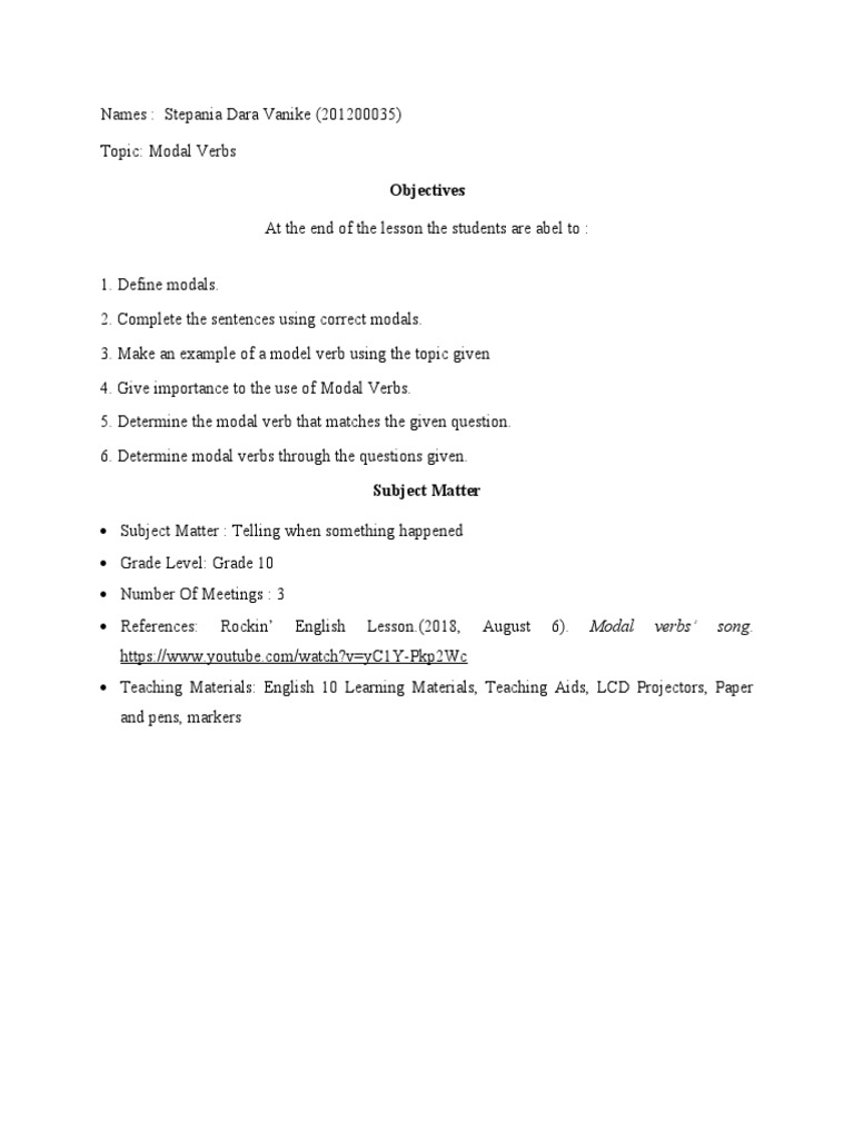 Lesson Planing SDV Modal Verbs | PDF | Verb | Color