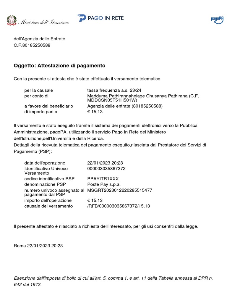 Oggetto Attestazione Di Pagamento PDF