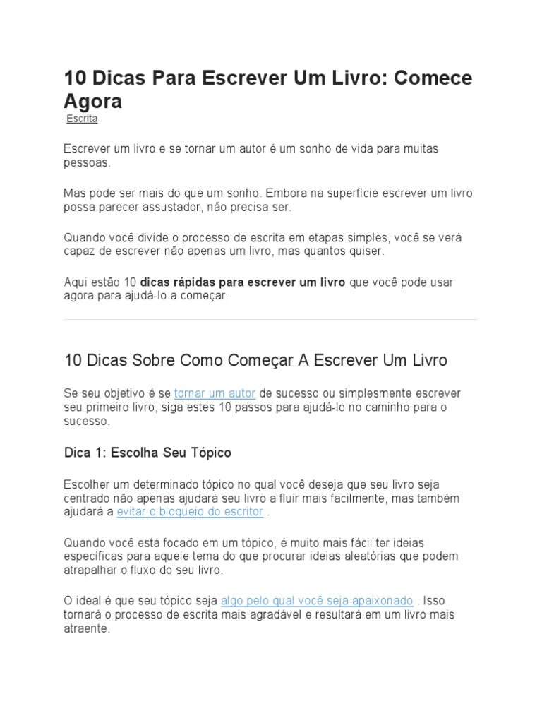 10 Dicas para Escrever um Livro Agora | PDF | Livros | Autor
