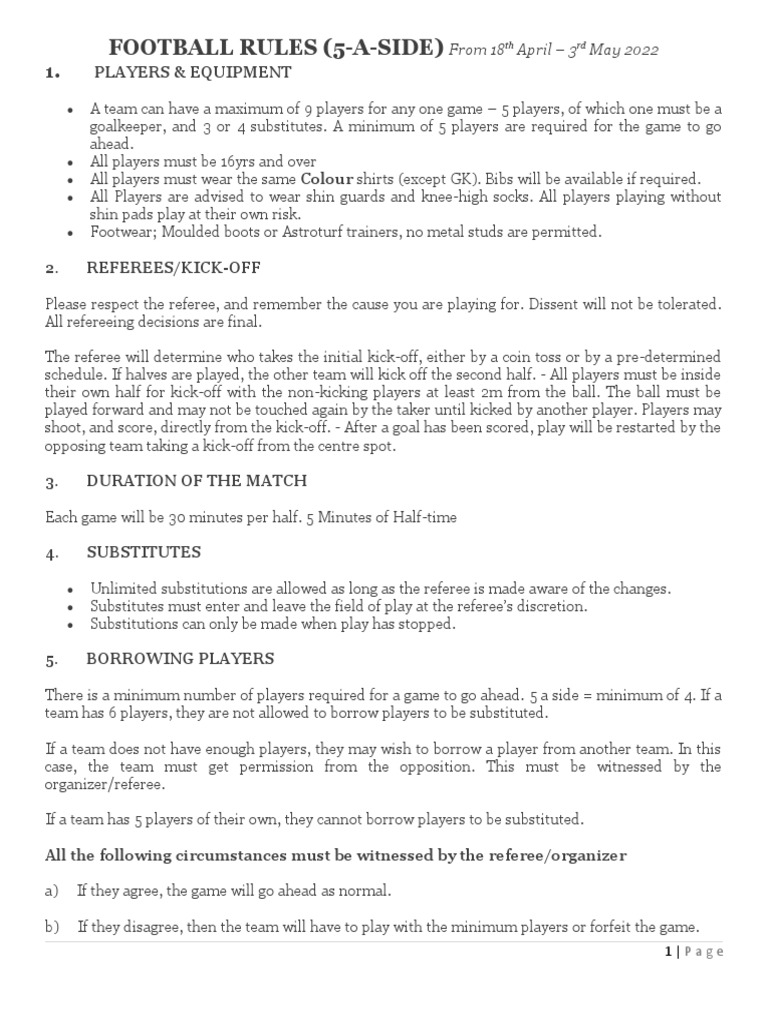 Football Rules (5ASide) Players & Equipment PDF Football Codes