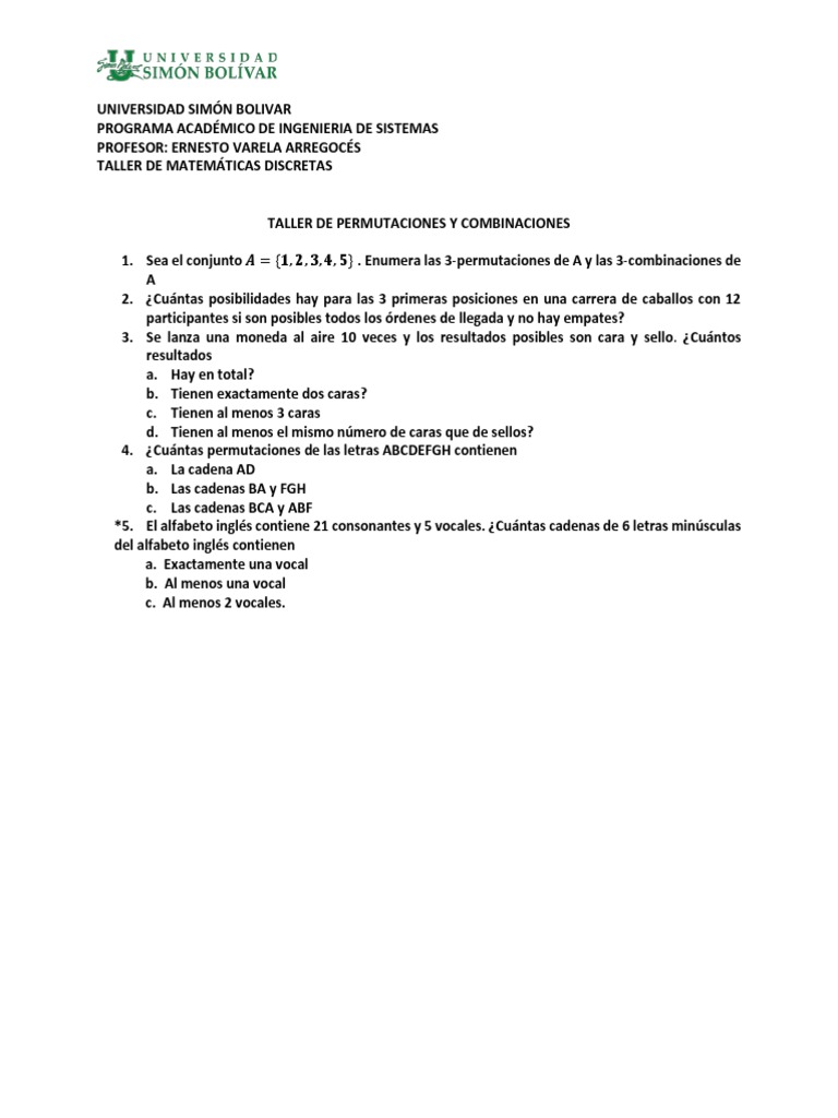 Taller de Permutaciones y Combinaciones | PDF | Artes del Lenguaje y ...