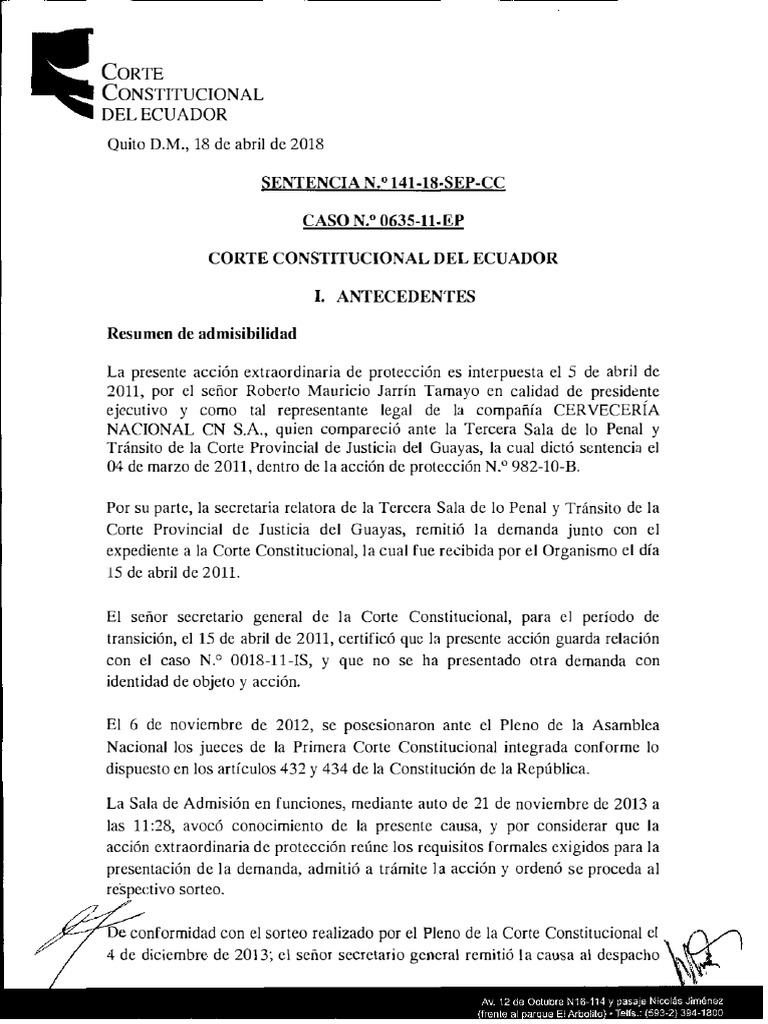Sentencia #141-18-SEP-CC de Corte Constitucional, 18 de Abril de 2018 | PDF