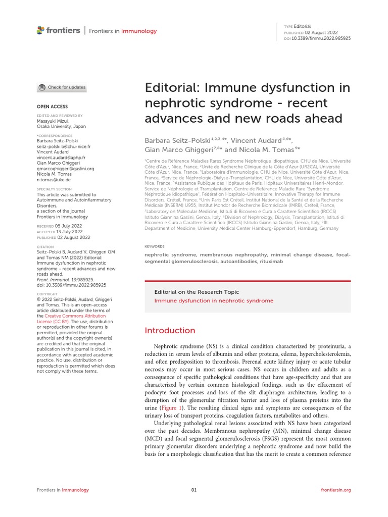 Editorial Immune Dysfunction in Nephrotic Syndrome - Recent Advances ...