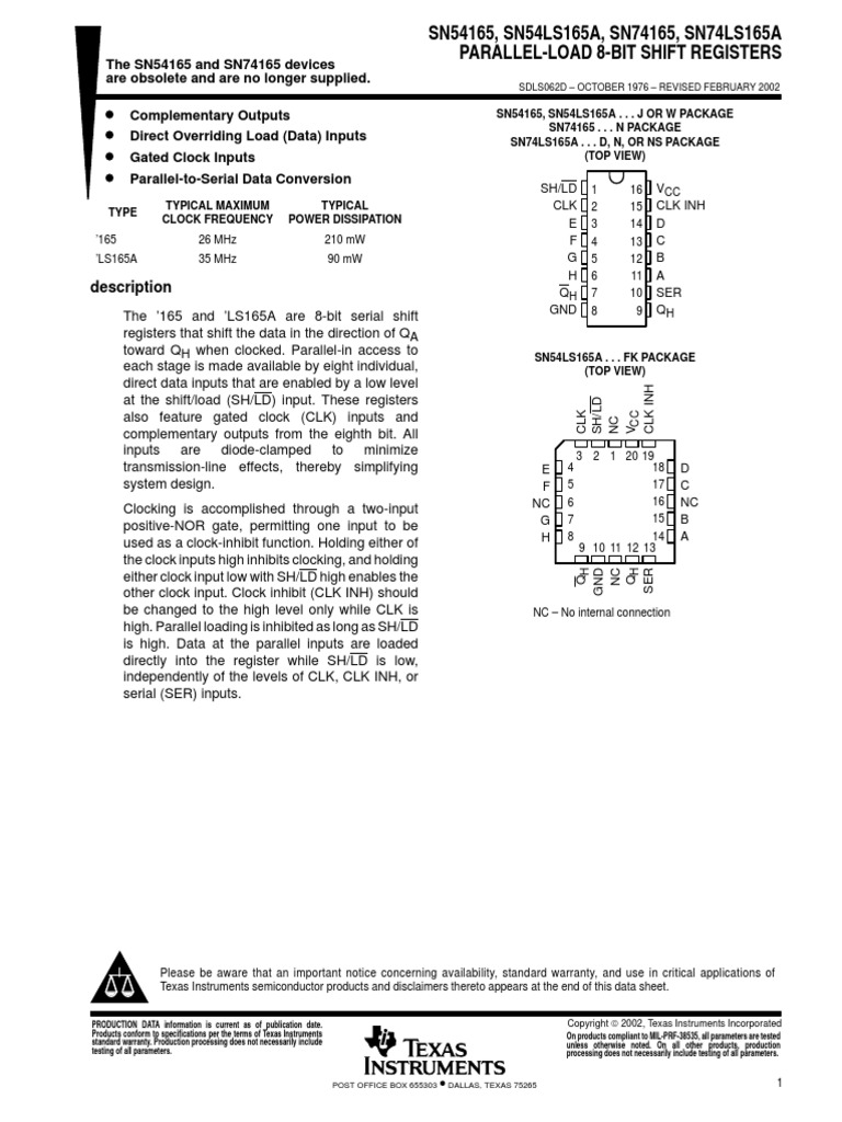 D d d d sn54165 sn54ls165a sn74165 sn74ls165a parallel load 8 bit