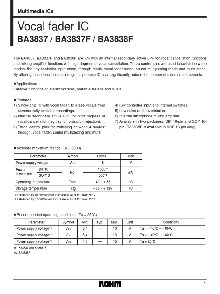 Vocal Fader IC BA3837 / BA3837F / BA3838F PDF Microphone Distortion