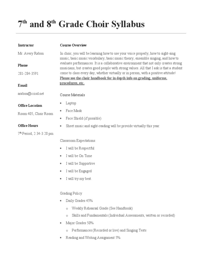 7th and 8th Grade Choir Syllabus PDF Singing Vocal Pedagogy
