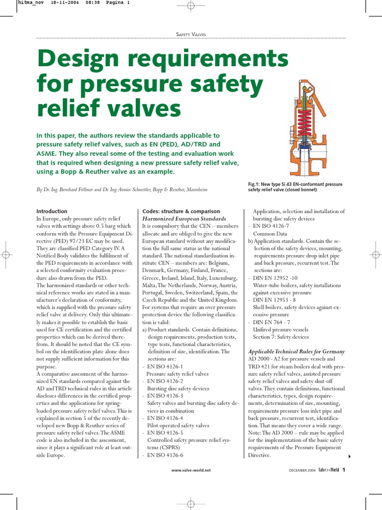 Design Requirements For Pressure Safety Relief Valves PDF Valve